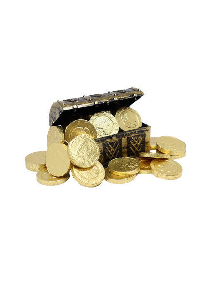 Coffret pirate remplie de pièces d'or en chocolat et pièce qui débordes.