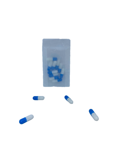 sachet plastique contenant des gélules vides bleu et blanc