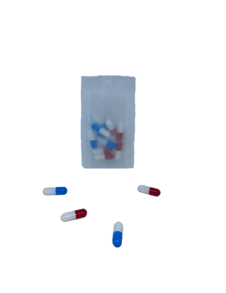 sachet plastique contenant des gélules vides rouge et bleu