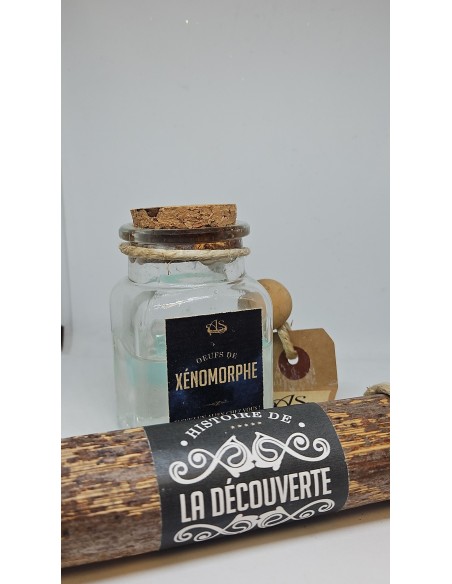 - un flacon d'oeufs dans leur liquide évolutif, dans une boîte en bois
- un parchemin racontant la découverte de cet artéfact