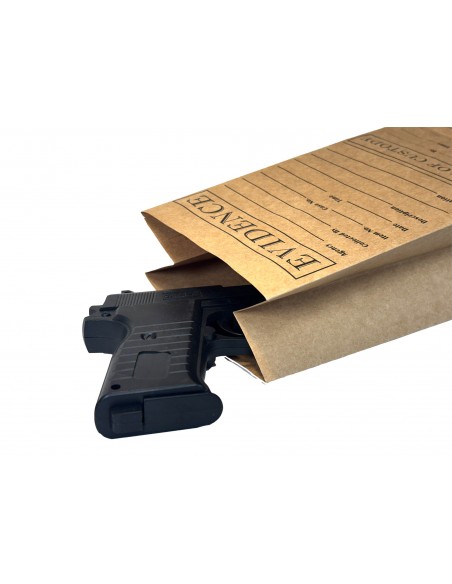 Sacs pour la collecte d’indice en papier kraft cartonné mis en scène avec un pistolet dedans