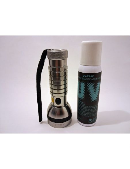Lampe UV 41 LEDs en acier et spray UV-TRAP cote a cote