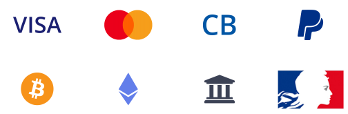 Moyens de paiement acceptes : Visa, Mastercard, CB, PayPal, Bitcoin, Ethereum, virement bancaire et mandat administratif